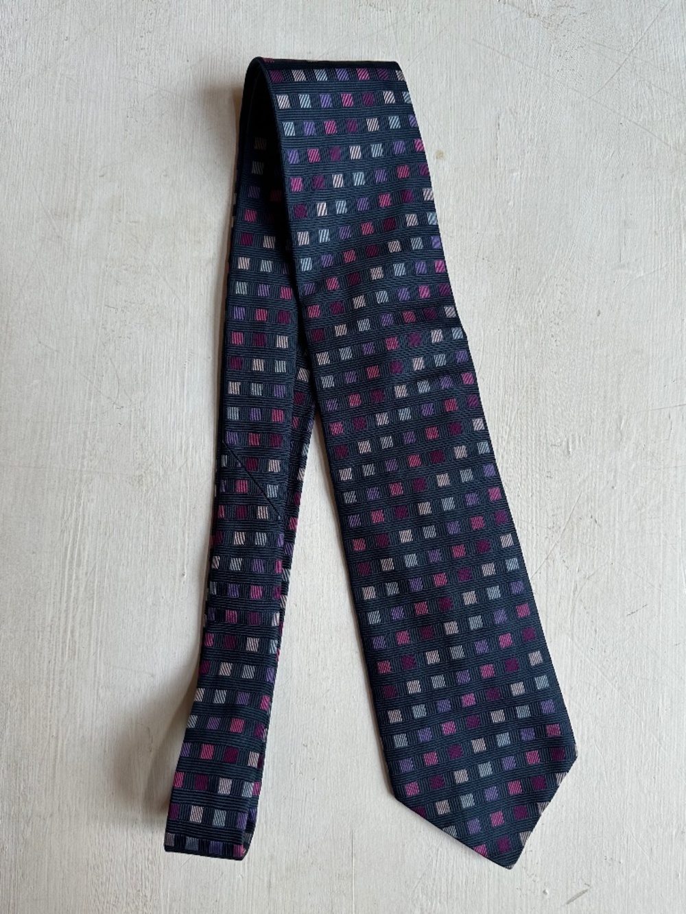Hermes Ligth Navy Fuchsia Pink Squares Heavy Silk Tie